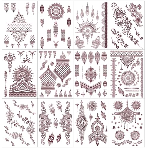 12 Sheets Brown Henna Tattoo Kit, Waterproof Tattoo Stickers for Women Wedding Party Body Art Stickers