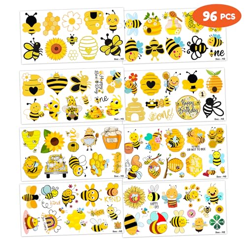 96PCS Happy Bee Day One Temporary Tattoos Honey Bees First Theme Birthday Party Decorations Favors Supplies Decor Cute Bumble Tattoo Stickers Gifts for Boys Girls Kids School Prizes Carnival Christmas
