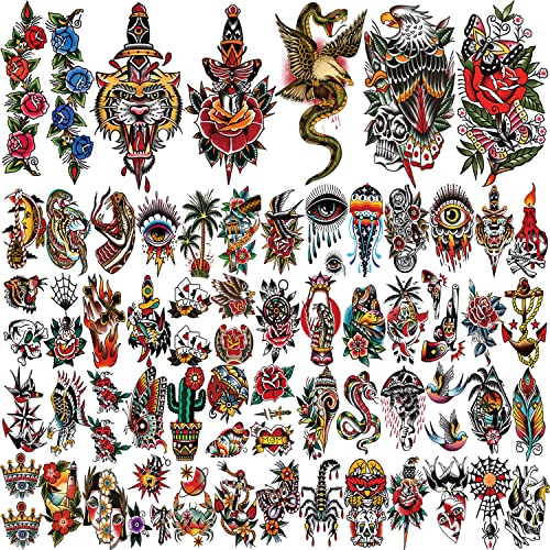 77 sheets Classic Temporary Tattoos Adult, Old School Tattoos Stickers, Sailor Jerry Style Fake Tattoo, American Traditional Flower Rose Arm Temporary Tattoos for Women Men Kids