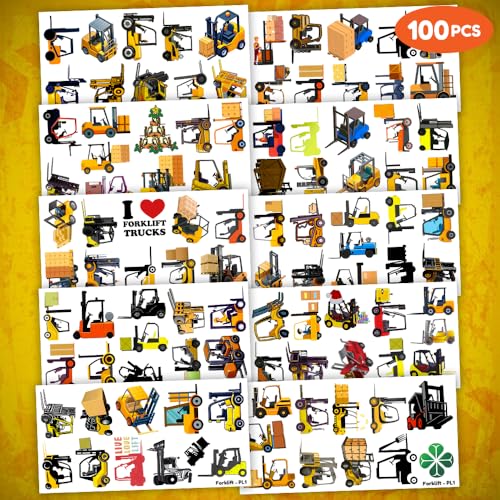 100 PCS Forklift Construction Temporary Tattoos Themed Birthday Party Supplies Decorations Favors Decor Dump Truck Crane Excavator Tattoo Stickers Gifts For Game Boys Girls Classroom School Prizes