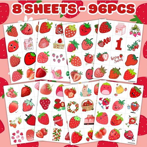 Strawberry Temporary Tattoos Berry First Birthday Party Supplies Decorations 96PCS Cute Tattoos Stickers Party Favors Kids Gifts Girls Boys Classroom School Prizes Themed (Normal)