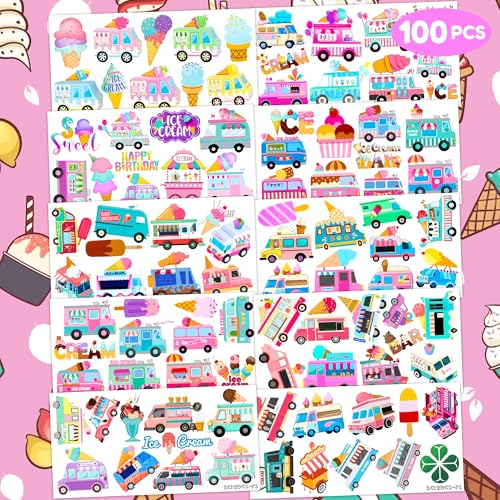 100 PCS Ice Cream Birthday Party Decorations Favors Supplies Temporary Tattoos Decor Ice Cream Truck Sweets Dessert Bar Stickers For Girls Boys Classroom School Prizes Reward
