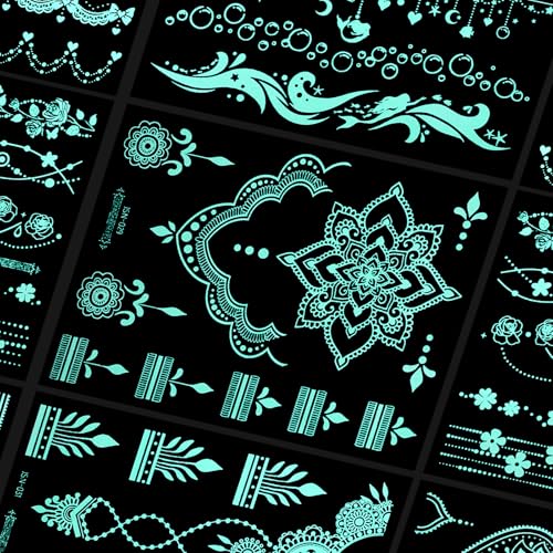 10 Sheets Blue Glow Temporary Tattoos Glow in the Dark Tattoo Kit Neck Clavicle Body Art Makeup In The Dark for Women Adults Arm Hands and Rave Festival Accessories