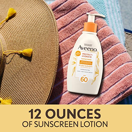 Aveeno Protect + Hydrate Sunscreen Moisturizing Lotion with Prebiotic Oat,Broad Spectrum SPF60,Paraben,& Oil Free,Weightless,Water & Sweat Resistant (80-min) for Sensitive Skin,12 Fl Oz,(Pack of 2)