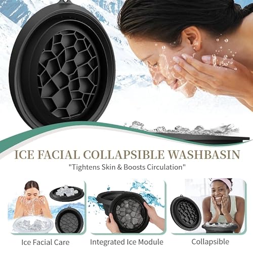 Portable Ice Bath Bowl for Face - Collapsible Silicone Bowl with Built-In Ice Tray for Acne Relief, Pore Minimizing & Glowing Skin | Cold Therapy for Home, Travel & Parties (Black)