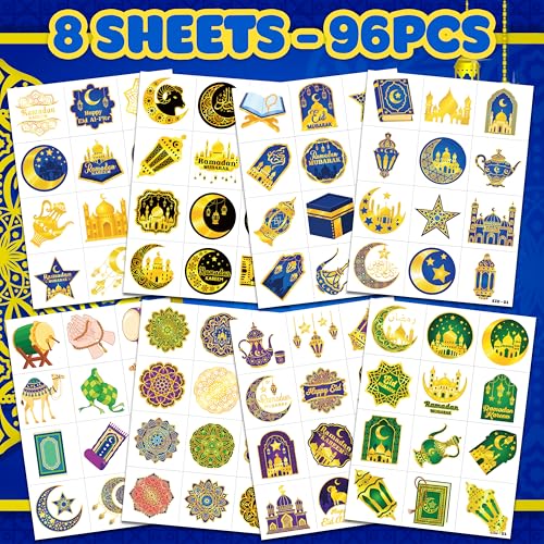 120 PCS Happy Ramadan Mubarak Eid Al Fitr Pre-Cut Temporary Tattoos for Kids | Super Cute Themed Birthday Party Favors, Supplies, Decorations, Fake Tattoo Stickers, School Rewards & Gifts Boys & Girls