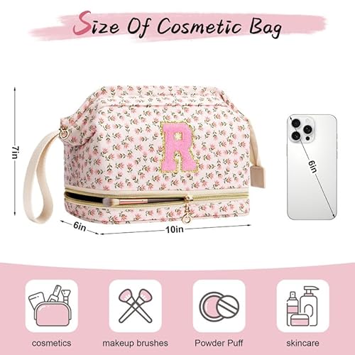 Personalized Initial Makeup Bag, Pink Flowers Quilted Makeup bag Valentine's Day for Girls,Teen, Women, Double Layer Travel cosmetic Bag with Make up Brush Organizer,Cute Travel Toiletry Pouch