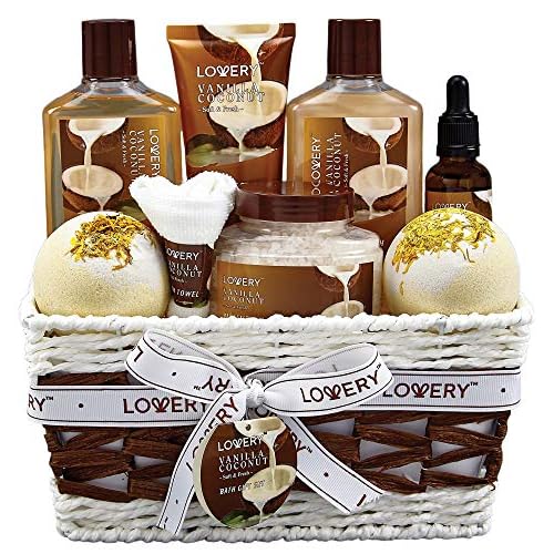 Gifts For Women Gift Basket for Women? 9 Piece Set of Vanilla Coconut Home Spa Set, Luxurious Gifts for Her, Bath and Body Sets Includes Fragrant Lotions, Large Bath Bombs, Coconut Oil