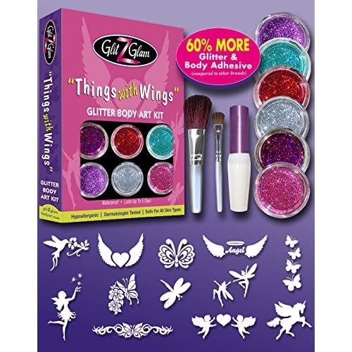 Glitter Tattoo Kit THINGS WITH WINGS - HYPOALLERGENIC and DERMATOLOGIST TESTED! - with 6 Large Glitters & 12 Stencils for Temporary Tattoos