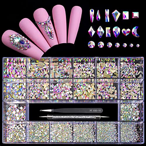 12 Types of 600 Crystal AB Diamonds + 2500 Flat Rhinestones Mix 20 Styles Flatback DIY Crafts Rhinestone Crystals 3D Ornament?s Flat Back Stones Set + Tweezers + Drill Pen