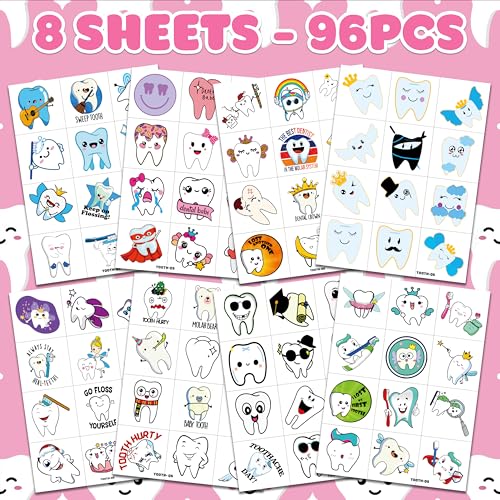 96 PCS Cute First Milk Tooth Dental Dentist Pre-Cut Temporary Tattoos for Kids Birthday Themed Party Supplies Decorations Favors Fairy Teeth Tattoo Stickers Gifts for Baby Girls Boys Rewards