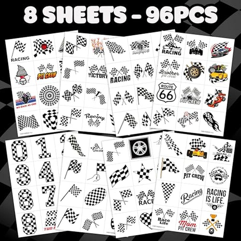 96 PCS Funny Race Car Checkered Flag Pre-Cut Black and White Temporary Tattoos Sticker Birthday Party Decorations Supplies Favors Gifts Boys Girls Men Cute Racing Fake Tattoo School Prizes (Normal)
