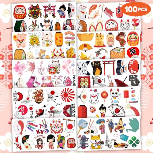 96PCS Japanese Temporary Tattoos Themed Japan Birthday Party Decorations Decor Supplies Favors Sushi Lattern Tattoo Stickers Gifts For Boys Girls Kids School Prizes Carnival Winter Xmas Chritsmas