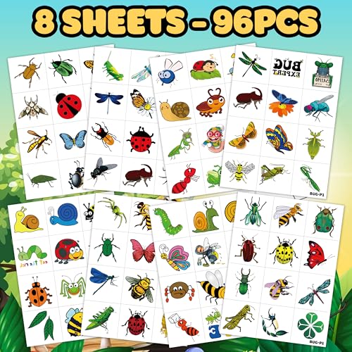 96PCS Bug Temporary Tattoos Pre Cut ? Cute Bug Stickers for Kids Toddlers, Ladybug Caterpillar Theme Birthday Party Favors, Spring Summer Decorations, Gifts, Classroom School Prizes (Normal)