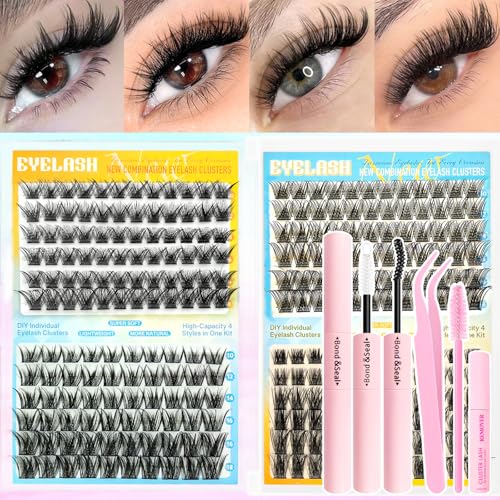 DIY Lash Clusters Extension Kit, 576pcs Natural Wispy Eyelash Clusters with Glue Tools for Home Application, 10-18mm D Curl Complete Starter Kit for Beginners, 2 Pack