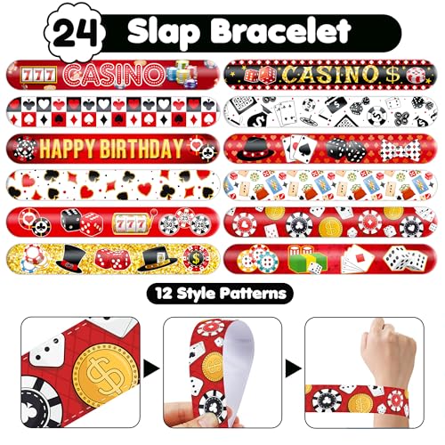 48PCS Casino Party Favors - 24PCS Temporary Pre - cut Tattoos & 24PCS Slap Bracelets - Fun Vegas-Themed Birthday Supplies, Baby Shower Gifts, Classroom Rewards & Party Decor for Kids (Boys & Girls)