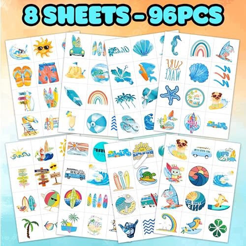 96PCS Surfboard Surf Pre - Cut Temporary Tattoos Stickers Theme Surf Up 1st Birthday Party Decorations for Baby Boy ? for Kids Party Favors, Summer Beach Pool Birthday Supplies, School Rewards