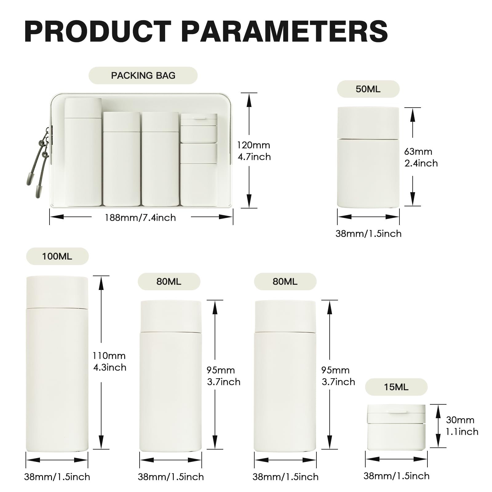 Travel Bottles for Toiletries, 5 Pack Travel Size Containers, TSA Approved Leak Proof Refillable Portable Travel Toiletry Bottles Set with Clear Toiletry Bag for Shampoo Conditioner, Lotion (White)