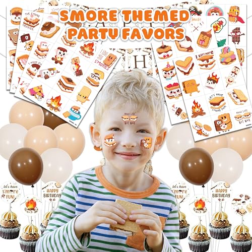 96 PCS Funny Smore Pre-Cut Temporary Tattoos for Kids | Supper Cute Marshmallow Themed Birthday Party Favors, Supplies, Decorations, Camping Fake Tattoo Stickers, School Rewards Gifts & Boys & Girls