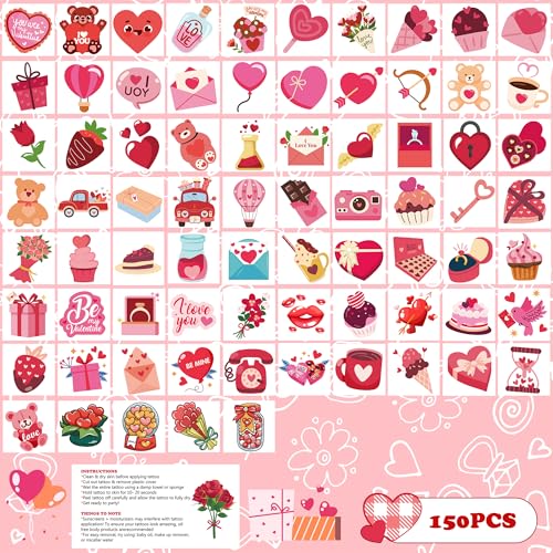 Valentines Party Favors - 150 PCS Tattoos for Kids Him Her |Valentine Day outfit Women - Valentine's Day Crafts Games Accessories Supplies - Valentines Shirts Pajamas Dress for Adult