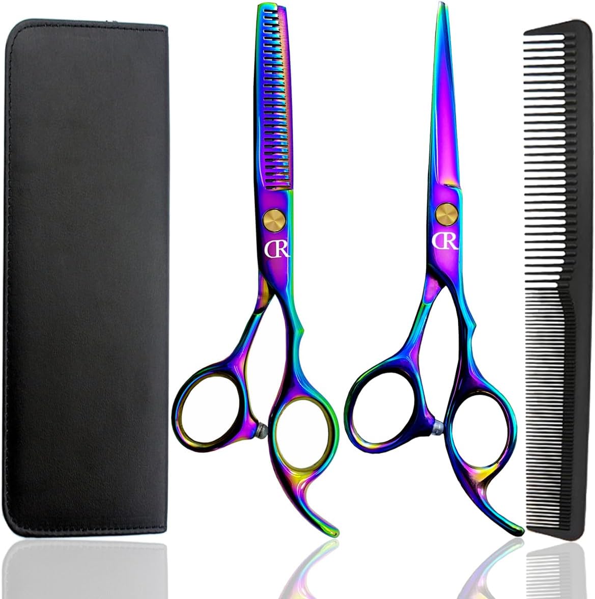Professional 6-Inch Hair Cutting Shears Set - Barber Scissors & Thinning Shears Kit for Men, Women & Kids (Rainbow Finish)