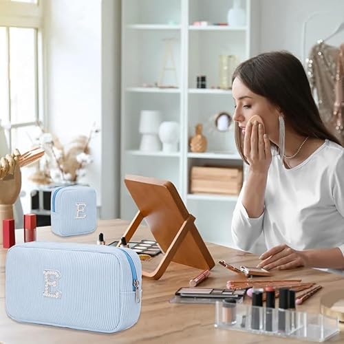 Meisohua 2 Pieces Personalized Initial Makeup Bag Set for Girls Women Cosmetic Pouch Corduroy Travel Toiletry Bag Organizer Storage Purse Pouch - Blue M