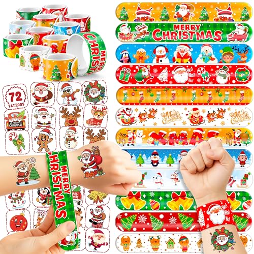 Christmas Party Set (144PCS) | 72 Temporary Tattoos & 72 Slap Bracelets | Fantasy Merry Xmas Party Favors, Stocking Stuffers, Classroom Gifts & Holiday Decorations for Kids