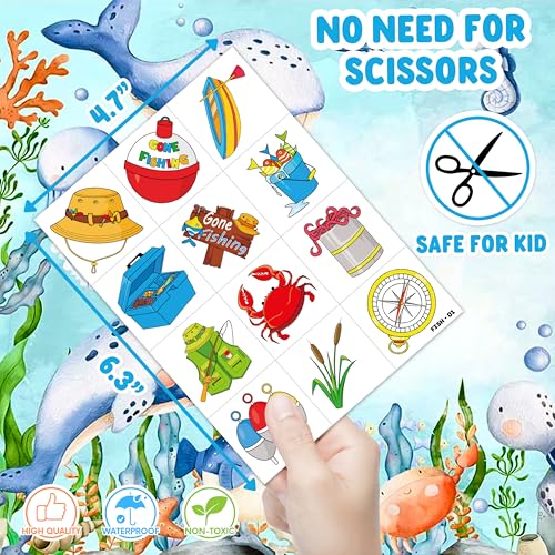 96 PCS Gone Fishing Fish Pre-Cut Temporary Tattoos for Kids | Super Cute First Themed Birthday Party Favors, Supplies, Decorations, Fake Tattoo Stickers, School Rewards Prizes & Gifts Boys & Girls