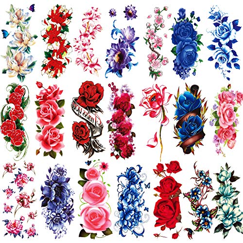 21 Sheets Sexy Flower Temporary Tattoos for Women, Waterproof 3D Bright Flora Tattoo Stickers for Girls, Rose, Peach Blossom, Chrysanthemum Various Tattoo Flower Temporary Fake Tattoos