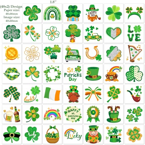 HOWAF 96pcs St. Patrick's Day Temporary Tattoos,Glitter Shamrock Tattoo Stickers for Irish Party Decorations,Lucky Clover Face Tattoos with Leprechaun for Green Party Parade Makeup
