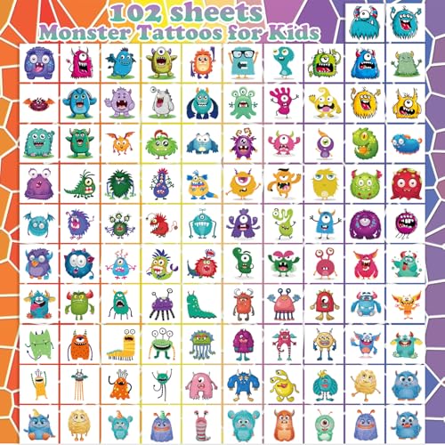 102 PCS Individually Wrapped Monster Temporary Tattoo for kids - Cute Little Monster Temporary for Girls Boy Body Arm Shoulder Cute Tattoos Stickers, Birthday Party Supplies Gifts for Kids
