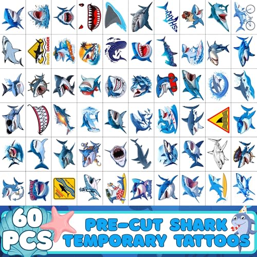 Shark Temporary Tattoos | Ocean Themed Shark Party Decorations Birthday Party Favors Supplies Accessories Stickers Under The Sea Themed Gift Idea For Kids Teen Boy Girl Adult 60Pcs 4 Sheets Pre-cut