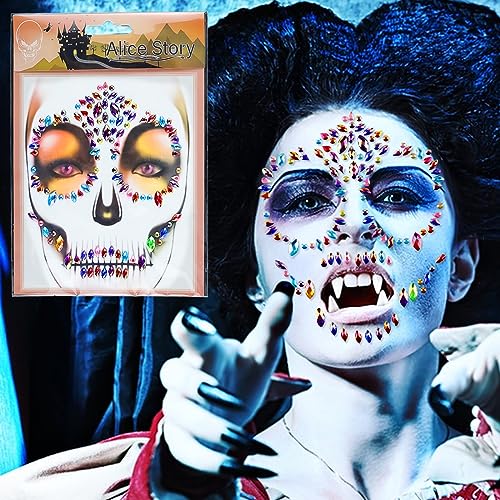 Halloween Skeleton Face Gems Jewels Rhinestone Temporary Tattoos Face Jewels Day of the Dead Face Stickers Gems Blue Glitter Jewels for Crystals Face Stickers Eyes Face Body 1 Pack
