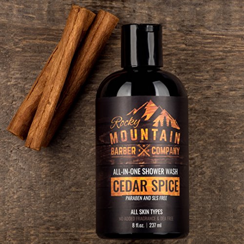 Rocky Mountain Barber Company Cedar Spice All-In-One Body Wash ? Shampoo, Body Wash, Conditioner, Face Wash & Beard Wash with Essential Oils - 8 oz