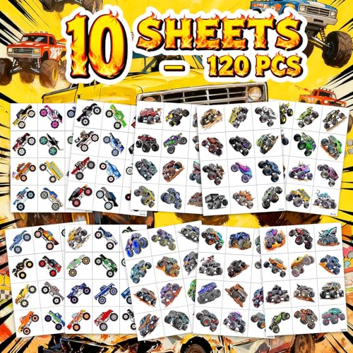 120 PCS Monter Truck pre-Cut Temporary Tattoos for Kids | Monster Truck Themed Birthday Party Favors, Decorations, Supplies; Fake Tattoos Sticker for Goodie Bags Stuffers (Multiple)