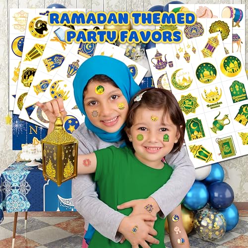 120 PCS Happy Ramadan Mubarak Eid Al Fitr Pre-Cut Temporary Tattoos for Kids | Super Cute Themed Birthday Party Favors, Supplies, Decorations, Fake Tattoo Stickers, School Rewards & Gifts Boys & Girls