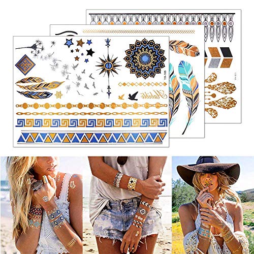 9 sheets 110+ Metallic Temporary Tattoos for Adult Women Girls Tattoos Gold Silver Glitter Flash Waterproof Tattoo Stickers for Beach, Festivals, & Parties