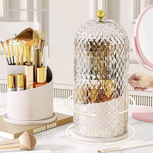 Makeup Brush Holder Organizer with 360¡Æ Rotating Lid Dustproof Makeup Brushes Organizer for Vanity Desktop Bathroom Countertop Clear Cover Easy Visibility (White)