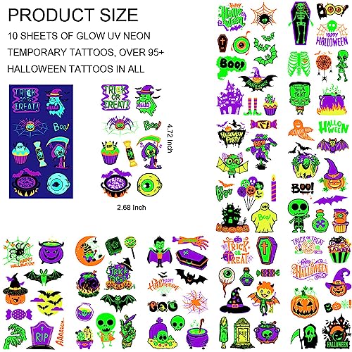 10 Sheets Glow Under UV Blacklight Neon Halloween Temporary Tattoo, 95+ Styles Waterproof Luminous Fake Tattoo for Kids Party, Toddlers, Children, Boys, and Girls