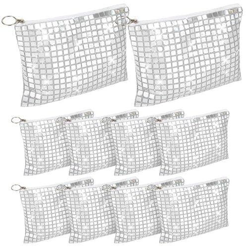 10 Pcs Disco Cosmetic Bags for Women 7.8 x 6.6 Inch Disco Makeup Bags Bachelorette Party Favors Bag Silver Sequins Makeup Bag Purse with Zipper for Bridal New Years Eve 70s 80s 90s Party Decorations
