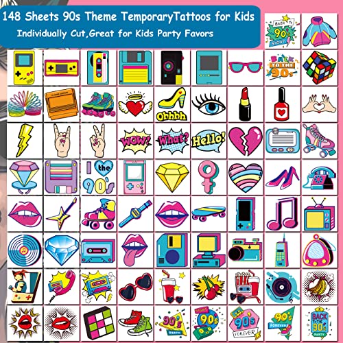 148 PCS 90s 80s Theme Temporary Tattoos for Kids - Retro Individual Tattoos for Boys Girls 90s Birthday Party Favors Goodie Bag Fillers