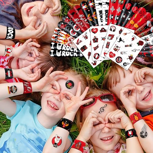 72PCS Rock and Roll Party Set 48PCS Temporary Tattoos 24PCS Slap Bracelets Music Themed Birthday Supplies, Baby Shower Gifts, Classroom Rewards & Party Decor for Kids Boys Girls