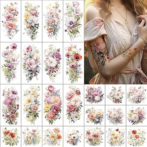 Everjoy Flower Temporary Tattoo Sleeve Sheets Kit, 12 Large Watercolor Floral Tattoo Stickers, 13 Small Fake Flower Tattoo Designs for Women and Girls