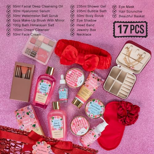 Bath and Body Gift Basket Set Mothers Day, 16 Pcs Luxury Rose & Vanilla Scent Spa Gift Basket Set for Women, Watermelon Body Scrub, Perfect Bath & Body Gift Set, Home Spa Bath Pamper Gifts Teens