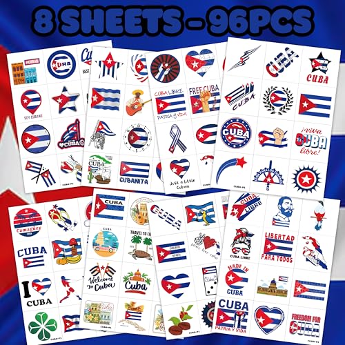 96 PCS Cuban Flag Pre-Cut Temporary Tattoos Cuba Birthday Party Decorations Favors Supplies Decor Havana Nights National Country World Pennant Flags Stickers For Boys Girls Gift School Prizes Rewards