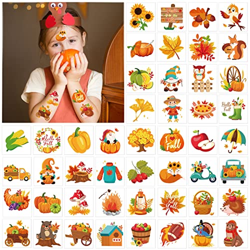 HOWAF 96 Pcs Thanksgiving Fall Temporary Tattoos, 48 Styles Autumn Harvest Temporary Tattoos Stickers for Kids, Thanksgiving Fake Tattoos with turkeys, owls, squirrels, pumpkins, maple leaves design
