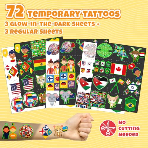 96 PCS World Flag Party Favors ? 72 Pre-Cut Temporary Tattoos & 24 Slap Bracelets for Kids, Multicultural Birthday Supplies & Classroom Rewards