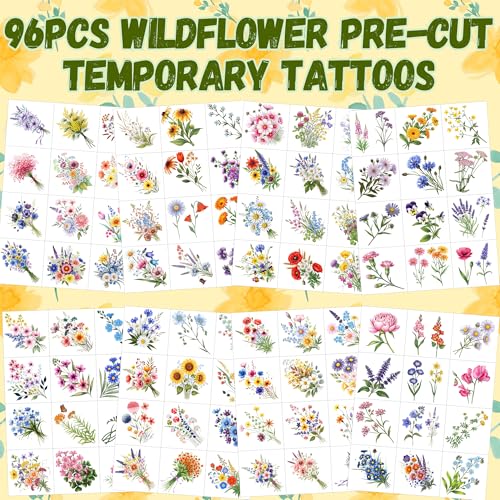 96PCS Wildflower Temporary Tattoos Stickers - Bouquets Flower Themed Birthday Party Favors Floral Birthday Party Decorations Supplies Accessories Gift For Kids Teen Girl Women Classroom Prizes Rewards