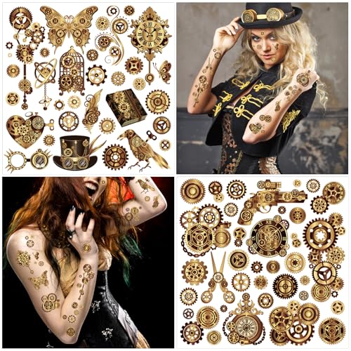 HOWAF Steampunk Temporary Tattoos Steampunk Face Tattoos, Steampunk Accessories Steam Punk Cogs and Gears Fake Tattoos, Halloween Tattoos Halloween Face Tattoo for Steampunk Halloween Costume