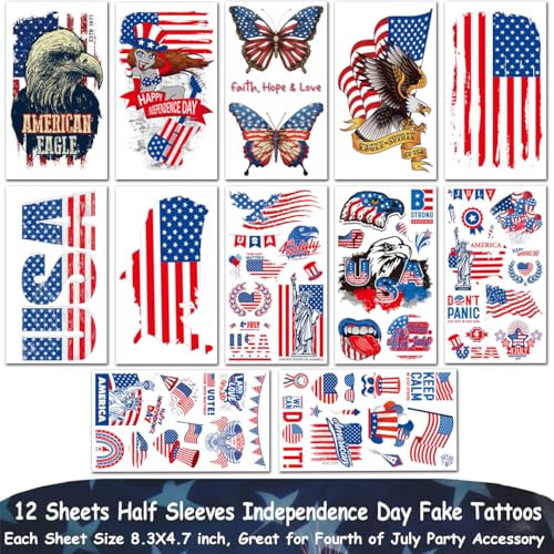 4th of July Temporary Tattoos Full & Half Arm - American Flag Tattoos for Kids Women Men Fourth of July Party Decorations and USA Party Favors,Independence Day Party Supplies
